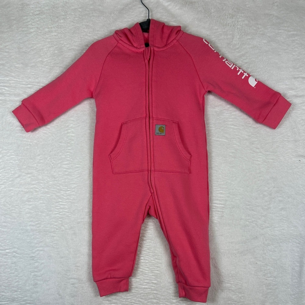 Carhartt Hooded Fleece Coverall Baby Girl 6M Pink Logo Sleeve Zipped Jumpsuit